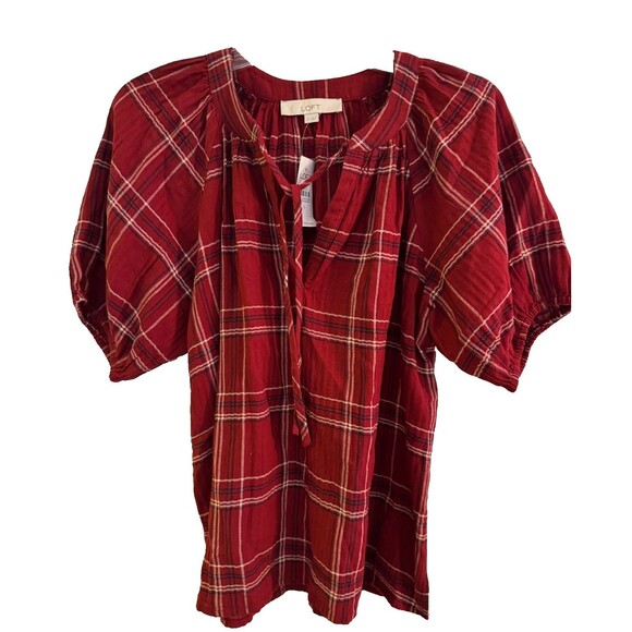 NWT LOFT Tie Neck Puff Sleeve Red Plaid Blouse Sz S Peasant Casual Comfort - Picture 4 of 11